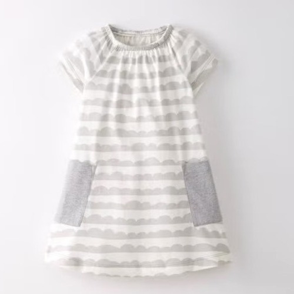 Hanna Andersson Dress 3T Gray White Scalloped Stripe Organic Cotton Pocket Dress